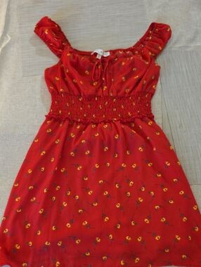 Red Floral Smocked Waist Kids Dress